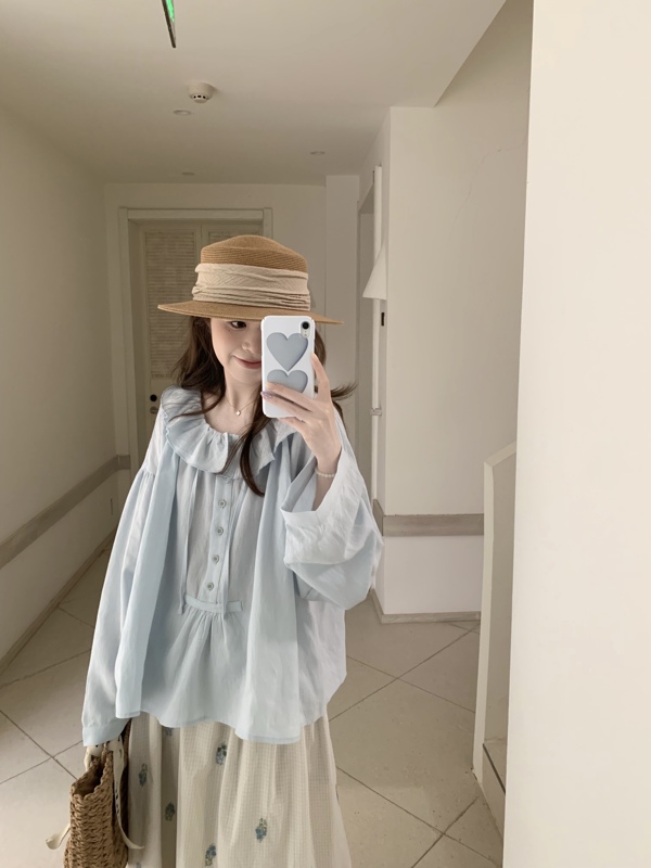 Yoursjin Sky Blue Silk Linen Lace Collar Loose Fit Shirt Top for Women Spring and Summer