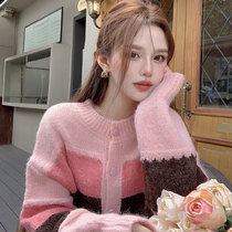 GIILCD gentle wind sweet pink sweater cardigan female Japanese retro short temperament color matching knitted top