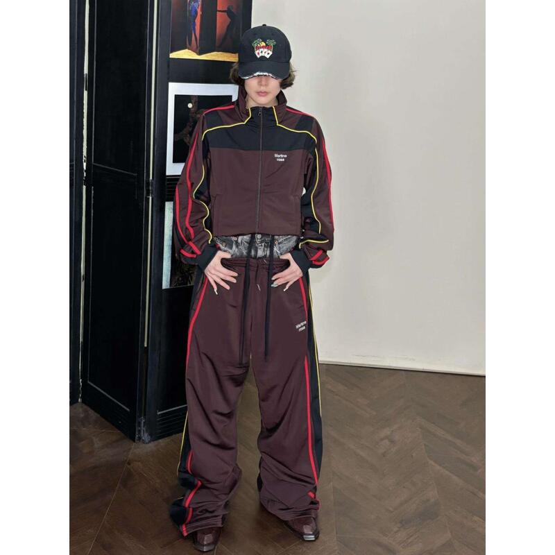 Martine Rose 25Aw Brown and Red Color-Blocking Retro Sports School Uniform Pants Set Slim-Fit Zip-Up Jacket