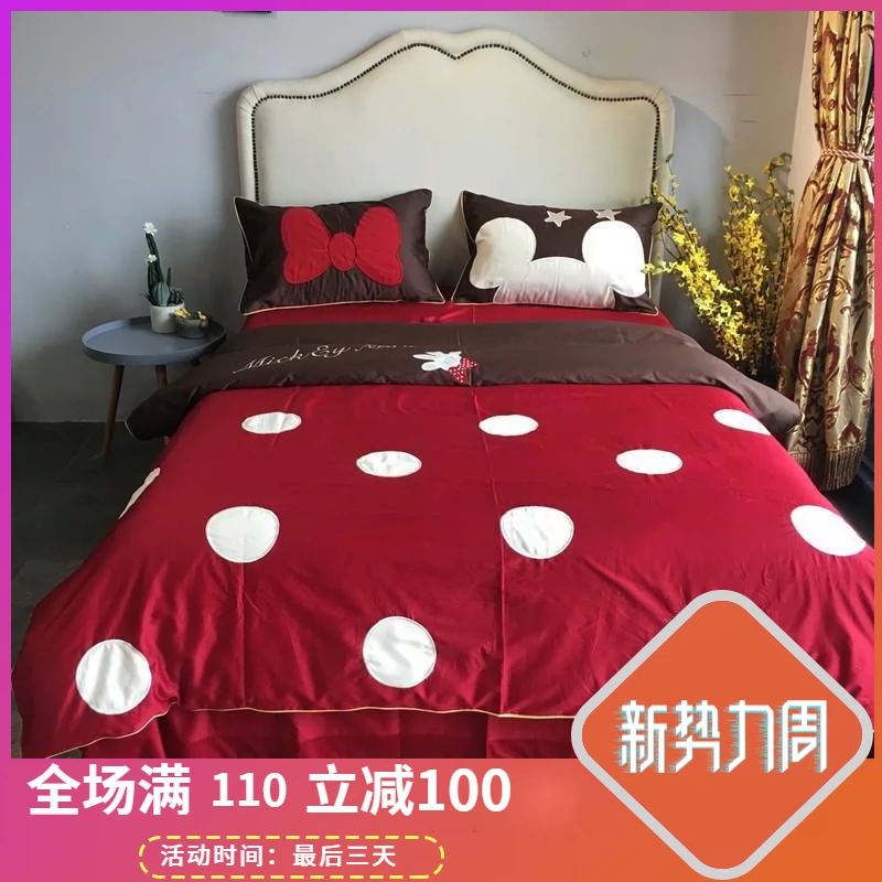 Phim hoạt hình Polka Dot Red Mickey Wedding Summer Silky Cao cấp Tất cả Cotton 60 Bộ đồ giường Bộ bốn mảnh - Bộ đồ giường bốn mảnh