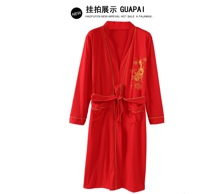 Áo ngủ nam áo choàng cotton mùa hè yukata kimono mùa xuân và mùa thu màu đỏ đám cưới dài phần mỏng đồ ngủ đồ ngủ nam hàn quốc