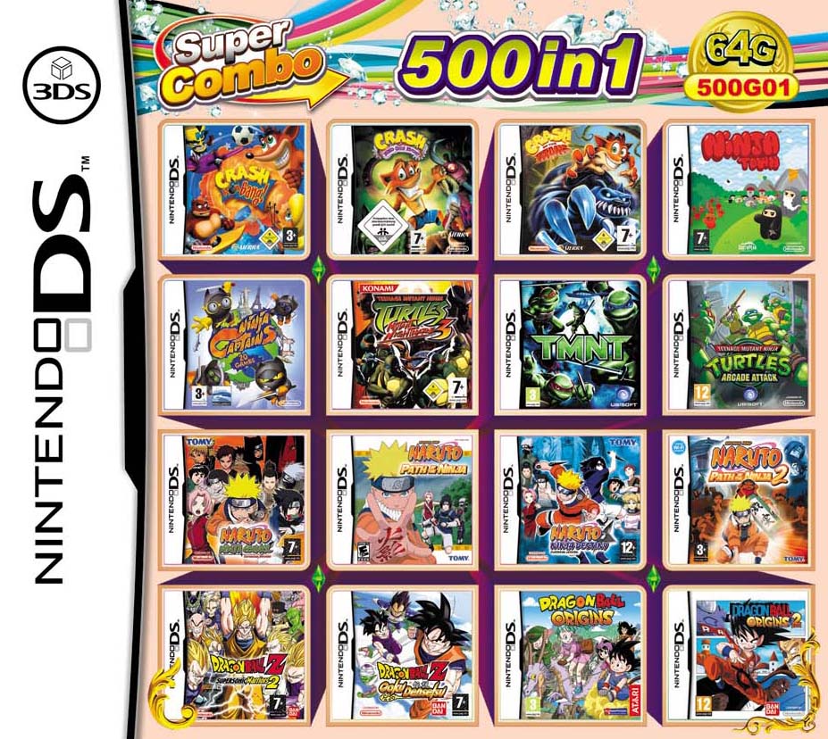 遊戲卡NEW3DSLL NDS游戲卡 古惑狼火影忍者神龜七龍珠500G01合集