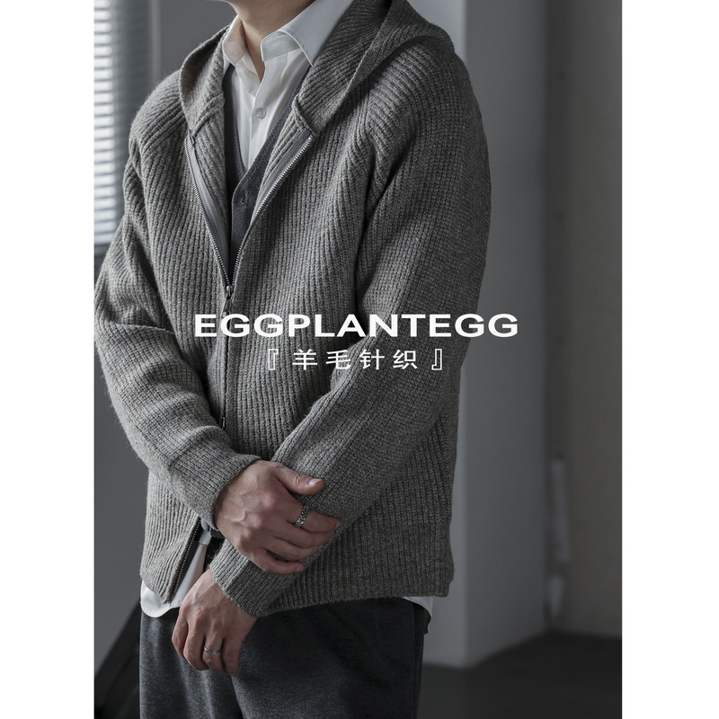 Eggplantegg Balaclava Wool Blend Hooded Cardigan Double Zipper Sweater Jacket for Men, Warm Eggplantegg Balaclava Wool Blend Hooded Cardigan Double Zipper Sweater Jacket for Men, Warm