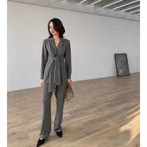 2020 autumn new slim one-piece womens gray drop sense wide-leg pants straight high-waist temperament casual one-piece pants