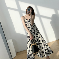 FT GUOGE crushed flower harnesses one-piece dress 2022 The new French style retro temperament Goddess Fan a dress