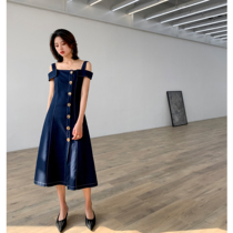 One-piece collar strapless dress female 2020 spring new blue mid-length fashion single-breasted temperament A-line skirt