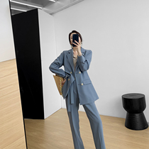 Gogo custom fashion suit suit female 2020 autumn new Korean blue suit high waist wide leg trousers