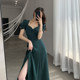 FTGUOGE green dress female 2023 summer new style puff sleeve square collar French retro Hepburn style slit skirt