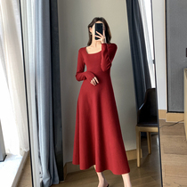 FT GUOGE red knit dress dress woman 2020 autumn and winter new French style uphols-up collar bottom sweater dress