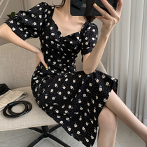 Goo Custom Black Broken Flowers Dress Dress Woman 2022 New Summer Clothes Cashew Cashew Slim hörben Wind square collar Little black dress
