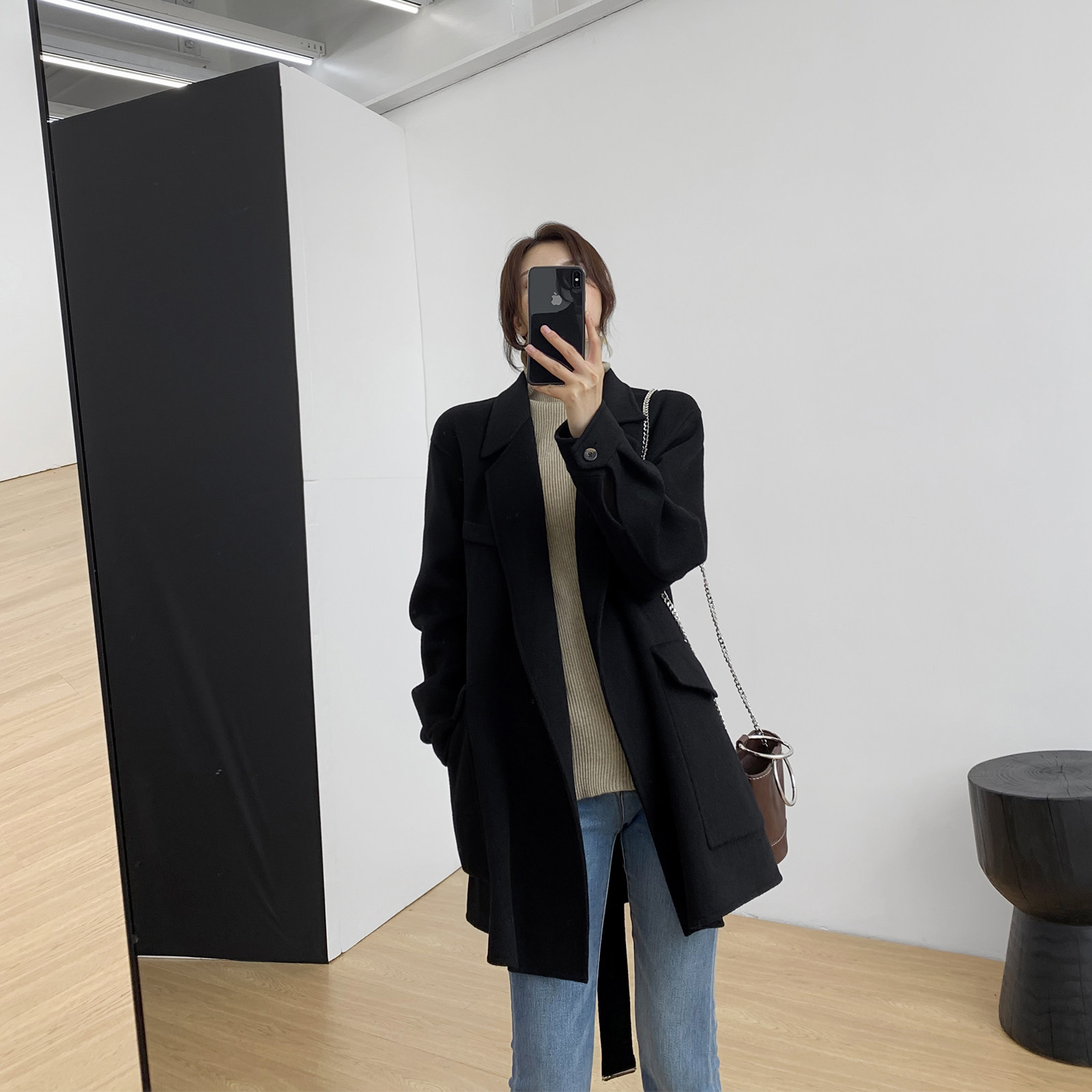 Gogo custom black double-sided cashmere coat 2020 spring new Korean version thin middle and long version wool coat female
