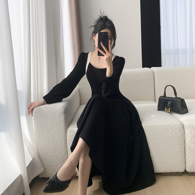 FTGUOGE black dress women's 2023 spring new style waist slimming Hepburn style square collar little black dress