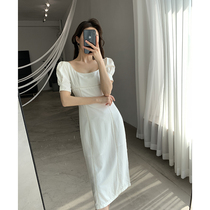 Goo Custom White Dress Dress Woman 2022 Summer New Square Collar Bubble Sleeves Cashew With Slim Temperament Long Skirt