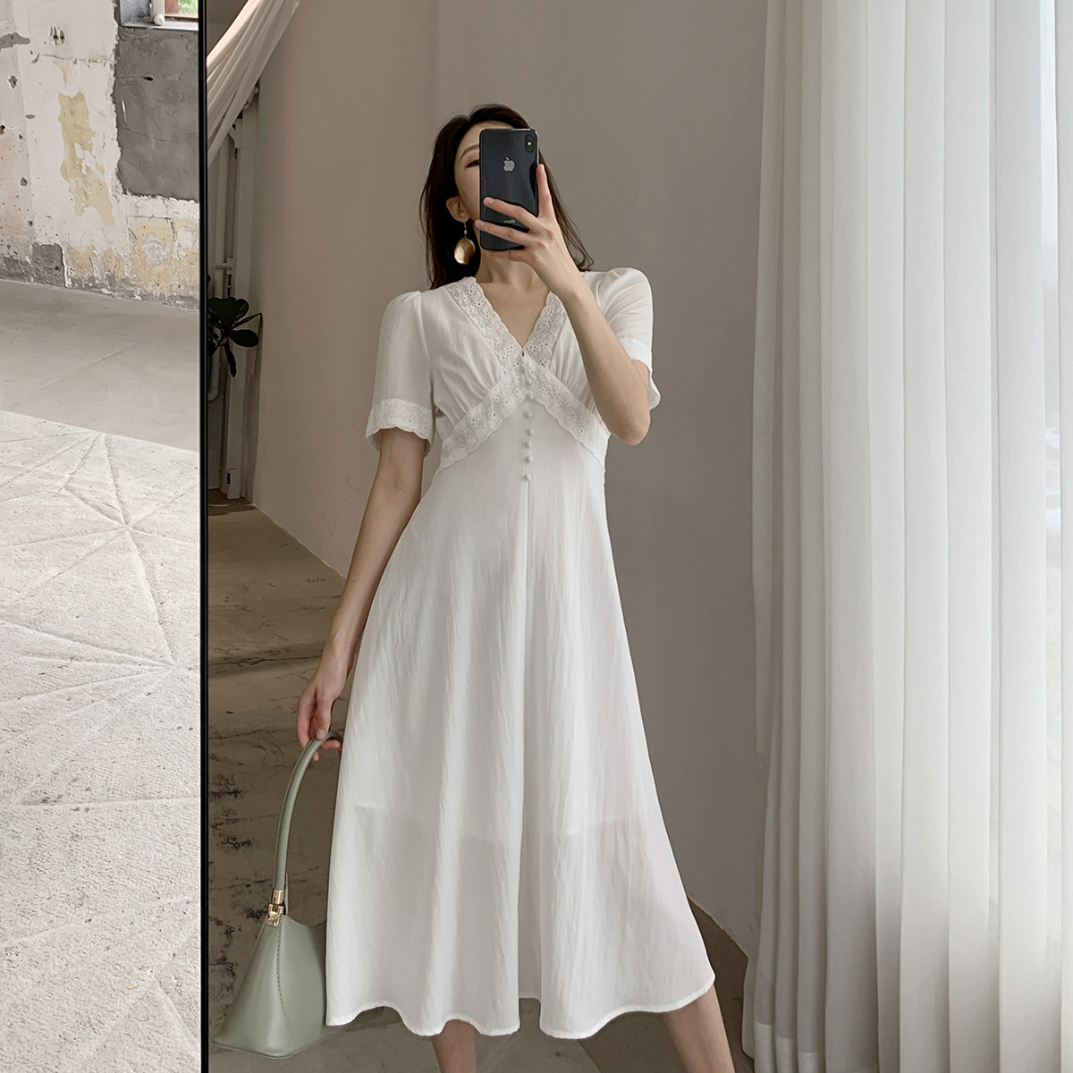 FT GUOGE white dress woman 2022 Summer new V collar short sleeves Gentle Wind style Slim Medium Long Dress