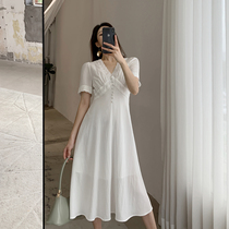 FT GUOGE white dress woman 2022 Summer new V collar short sleeves Gentle Wind style Slim Medium Long Dress