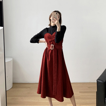 Red Splicing Tandem Dress Dress Women Dress 2022 Fall New Cashew Lace LEAN AND COLOR FAKE TWO MEDIUM LONG DRESS