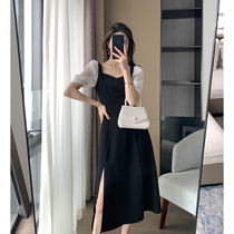 Goothic Custom Black Dress Dress Woman 2022 Summer New square collar French style retro Herben Wind side open fork long dress