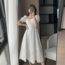 Goothic Custom White Dress Dress Woman 2022 Summer new square collar French style Vintage Temperament Bubble Sleeves A dress