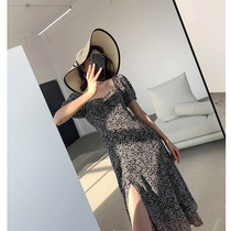 Goo Custom Crushed Floral Dress Dress Woman 2022 New Summer Dress Square Collar Collection Waist Display Slim Temperament Open Fork Mid-Length Dress