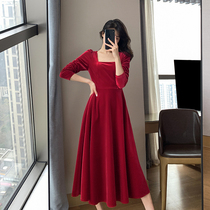 Goothic Custom Red Gold Velvet Dress Dress Woman 2022 New Year Spring Dress Square goddess Fan Annual Meeting Long dress
