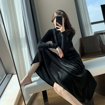 Goo Custom Black Gold Velvet Dress Dress Woman 2022 new autumn and winter French style retro Hepburn Ethos Long Dress