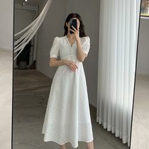 Goo Custom White Dress Dress Woman 2022 Summer new V collar French style comeback collection waist display slim temperament long dress