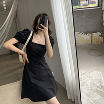 FT GUOGE Black Dress Woman 2022 Summer New square Neck Foam with a slim Herbenwind Short skirt