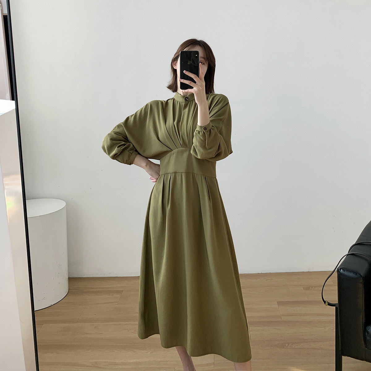 Goo Customize 2022 Women Fall New Knee Medium Long Version Foreign Dress 1 4 Inch Sleeve Wrench Cuff Fashion Temperament Cashew Slim Fit