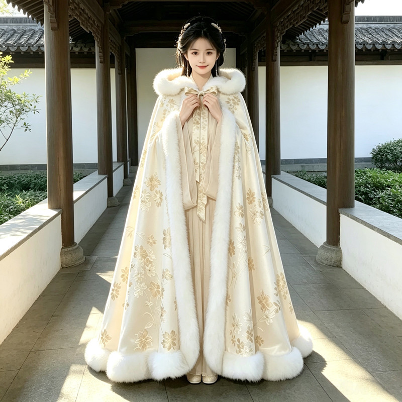 Autumn and Winter Hanfu Cape for Women, Printed Long Hooded Cape with Large Fur Collar, Traditional Chinese Style Outerwear, Thickened for Winter Autumn and Winter Hanfu Cape for Women, Printed Long Hooded Cape with Large Fur Collar, Traditional Chinese Style Outerwear, Thickened for Winter