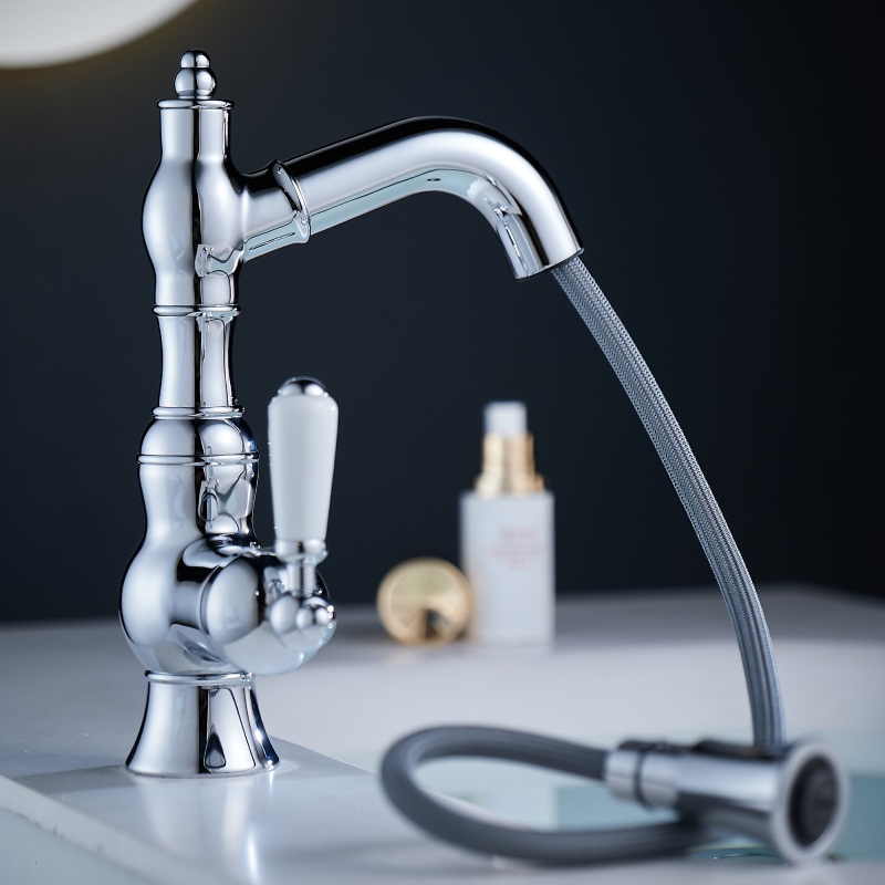 All-Copper Pull-Out Basin Faucet, Hot and Cold Retractable Rotating Multifunctional Basin Faucet, Dual-Purpose Hot and Cold Water Faucet