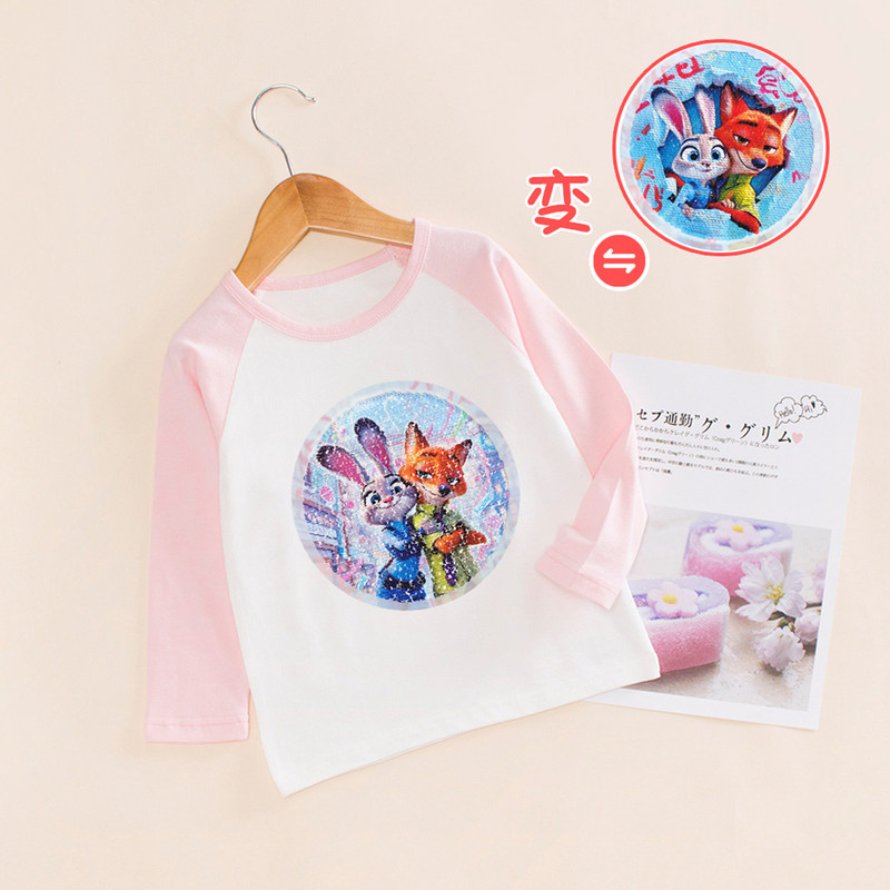 Children's Judy Color-Changing Pattern Nick Base Shirt Rabbit Police Officer Outfit Girls' Sequin Color-Changing Long-Sleeve T-Shirt for Spring