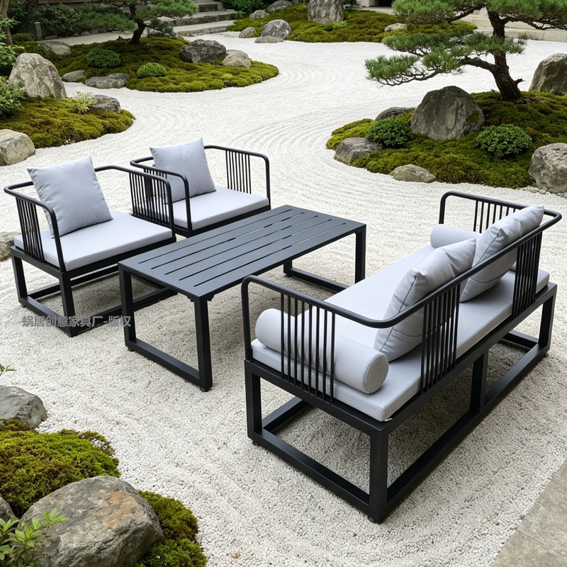 Outdoor Sofa Set, Wrought Iron Stainless Steel Leisure Coffee Table Combination Table and Chairs, Courtyard Open-Air Balcony, Waterproof and Sun-Proof