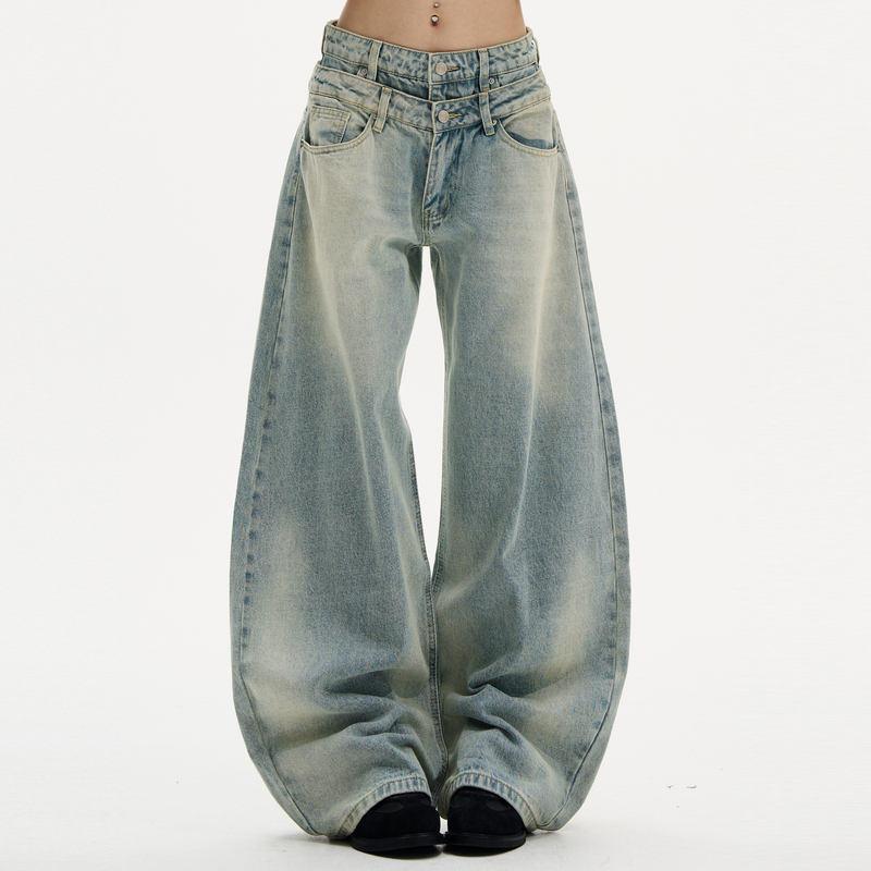 Yeboun American Retro Light-Colored Double-Waistband Jeans for Men and Women, New High-Street Loose Wide-Leg Scimitar Long Pants