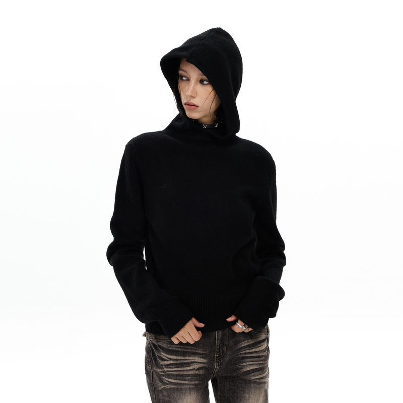 Yeboun American Retro Hooded Sweater, Regular Shoulder Wool Blend Soft Knit Top, Versatile Black Top for Men and Women