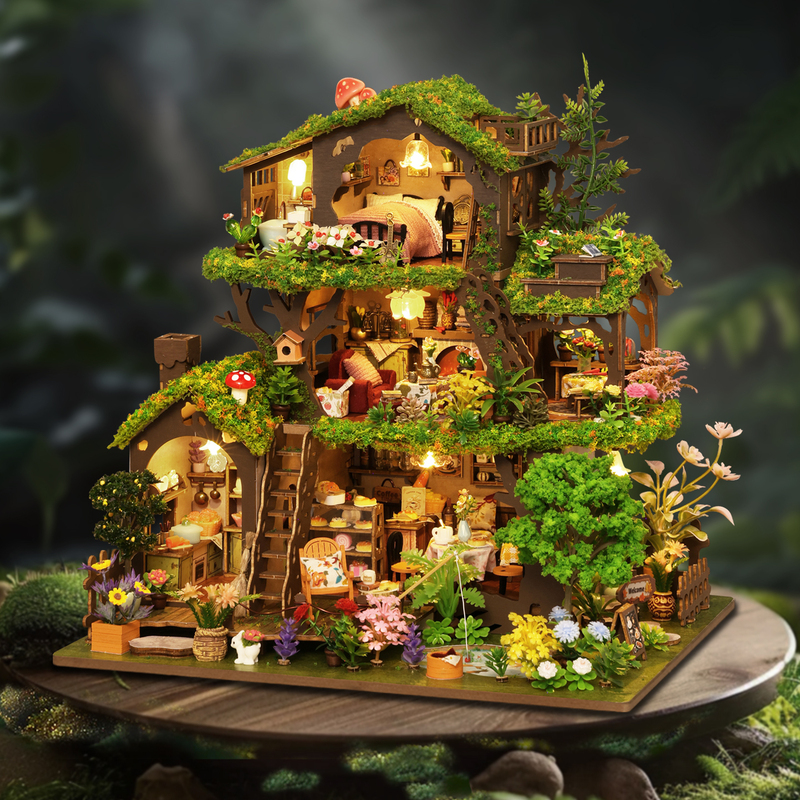 DIY Handmade Cabin Time Tree House Forest Villa Hand-Assembled Model Three-Dimensional Puzzle Miniature Architectural Model
