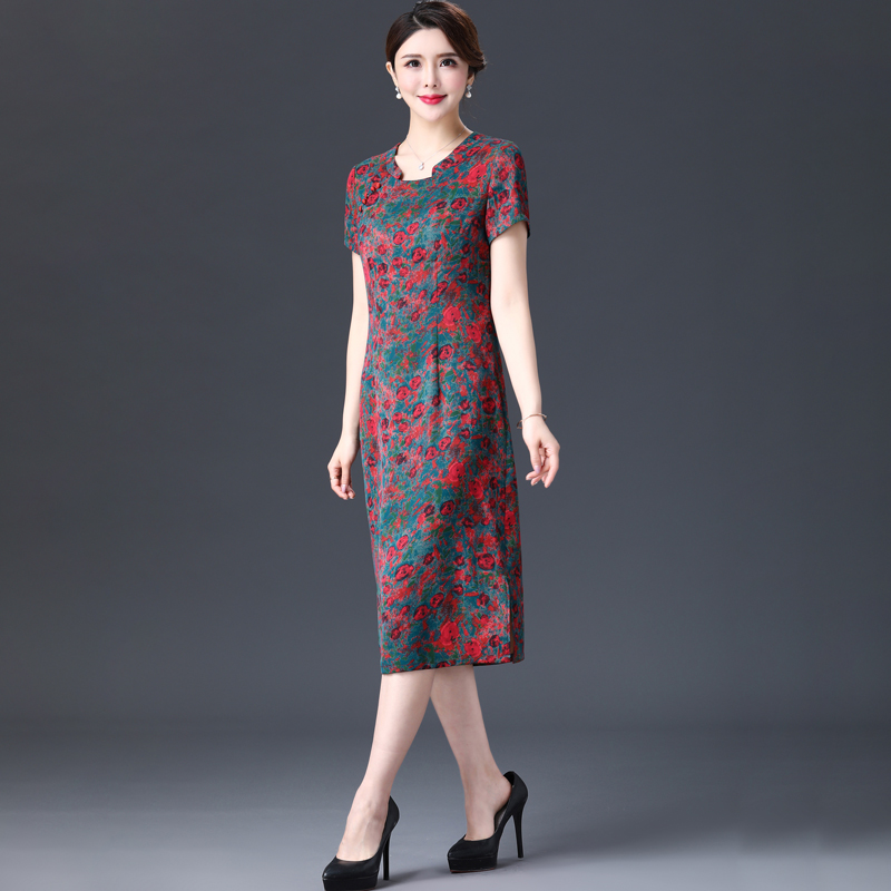 New Chinese Wind Improvement Low Collar Real Silk Qipao 50 Year Old Middle-aged Mother Foreign Dress Grand Scale Code Middle Aged Woman summer