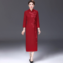 Winter wedding mother dress modified embroidery plus velvet cheongsam young foreign-like mother-in-law wedding dinner evening dress