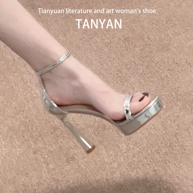 Silver Waterproof Platform High Heels for Women 2026 New Summer Style, Beautiful One-Strap Design, Comfortable for Feet, Stiletto Open-Toe Sandals