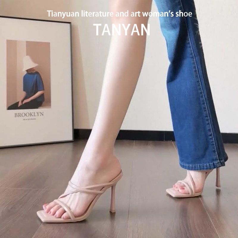 Nude-Colored Sandals for Women 2026 New Summer Style High-End One-Strap Slippers Square-Toed Stiletto Heels Elegant High Heels