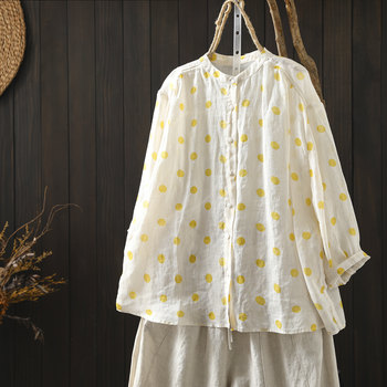 Ramie tops, light and thin women's linen shirts 2026 new summer polka dots, age-reducing, beautiful and young sun protection shirts