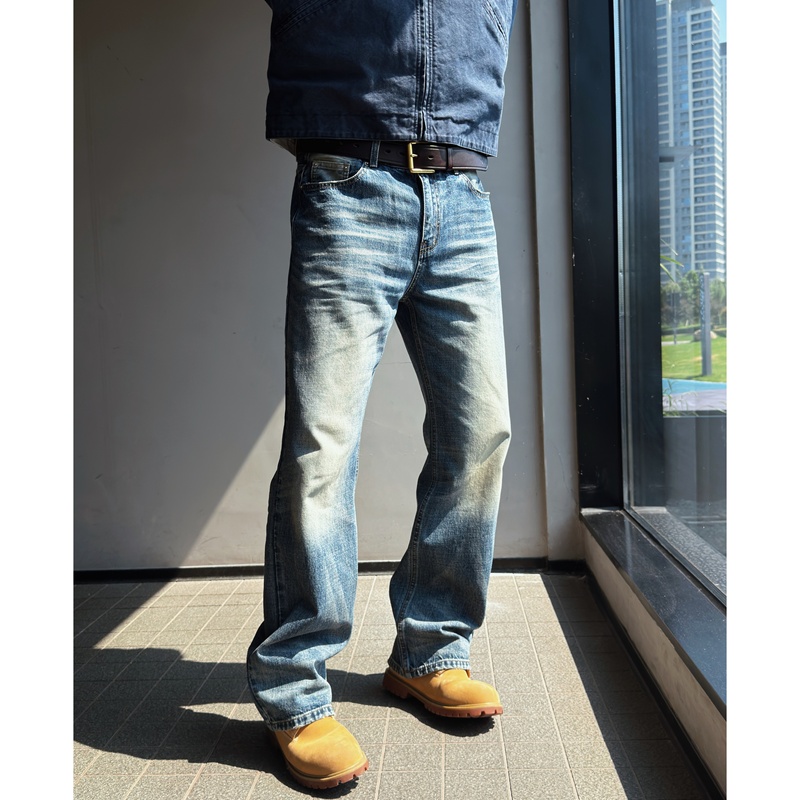Sieber/Seibo 13.5oz Whiskered Pattern Straight-Leg Jeans Nevada Washed Vintage Jeans for Men