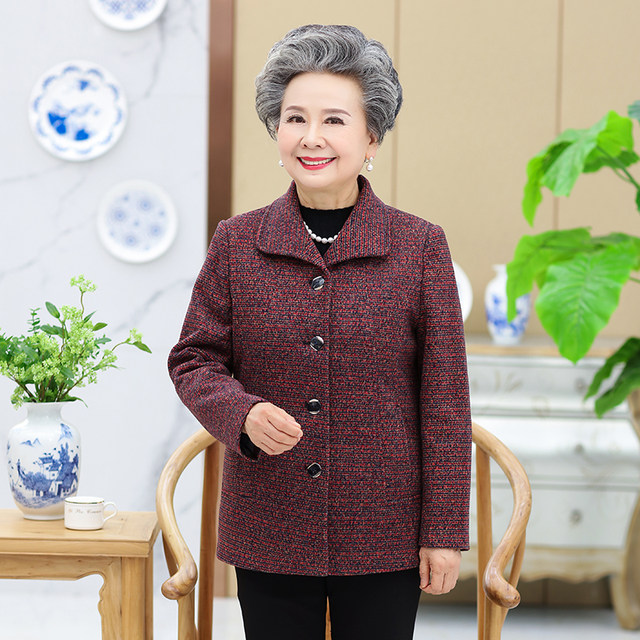 Middle-aged and elderly women's lapel mother's coat spring and autumn thin old lady's jacket long-sleeved elderly grandma's coat