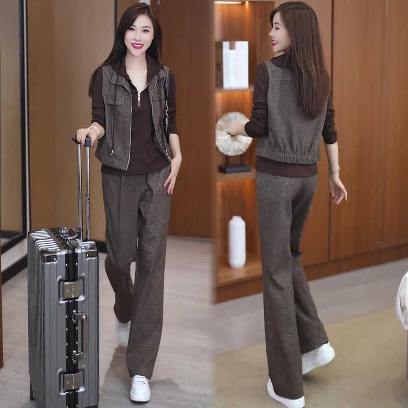 Fashion Suit for Women 2026 Spring and Autumn New Style, Stylish, Age-Reducing, Loose, Slimming Sweatshirt, Vest, Wide-Leg Pants Three-Piece Set