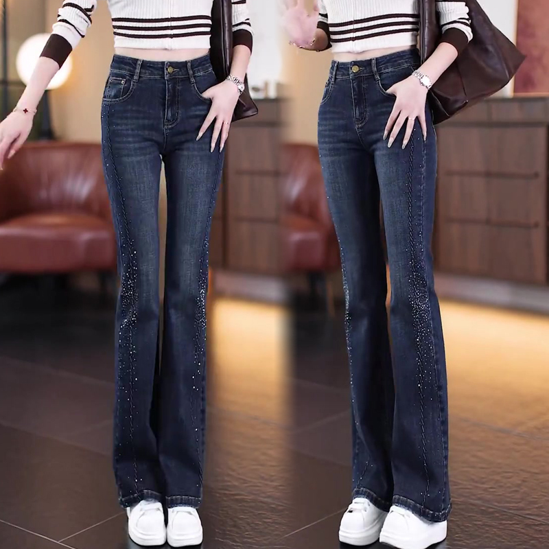 Women's Rhinestone Flared Jeans 2026 New Autumn Hot-Selling High-Waisted Slim-Fit Cropped Flared Pants for Petite Figures