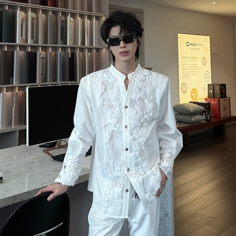 Big Wisdom New Chinese Style Stand-Up Collar Three-Dimensional Floral White Shirt for Men with Sequin Embroidery Design Niche Long-Sleeve Shirt Big Wisdom New Chinese Style Stand-Up Collar Three-Dimensional Floral White Shirt for Men with Sequin Embroidery Design Niche Long-Sleeve Shirt