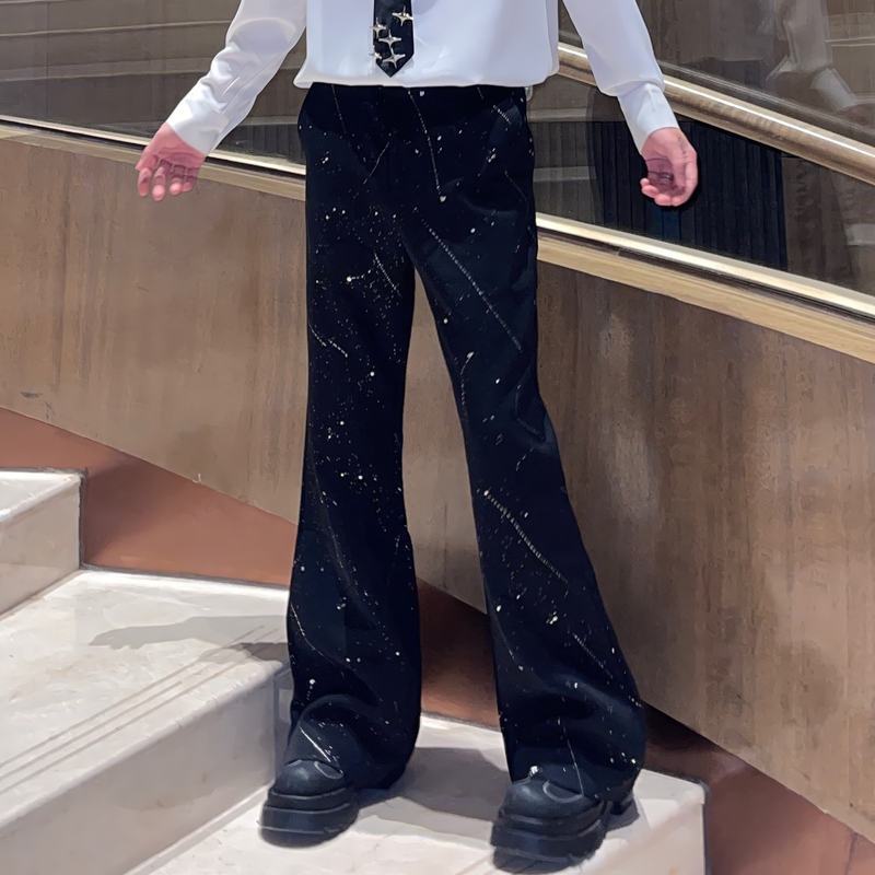Big Wisdom Black Micro-Flared Trousers for Men, New Niche Design with Starry Sky and Splatter Ink, High-End Casual Long Pants