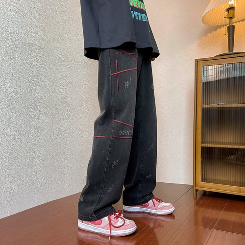 Джинсы, утепленные демисезонные штаны, европейский стиль, в американском стиле, свободный прямой крой