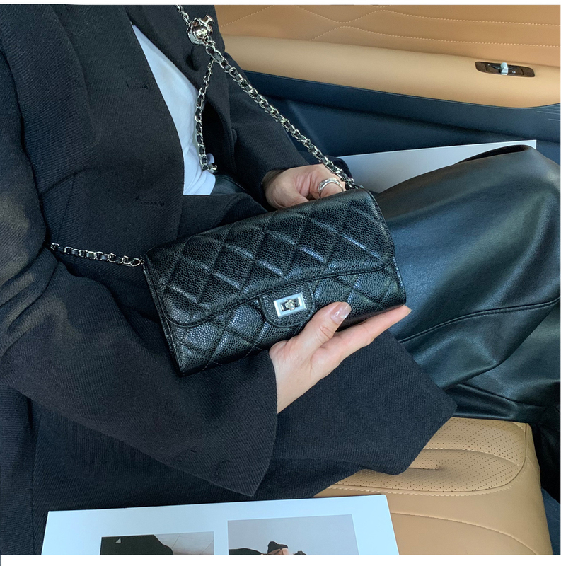 Genuine Leather Wallet for Women, Long Style, Large Capacity, Quilted Pattern, Chanel-Style Shoulder Crossbody Bag, Cowhide Wallet for Holding Mobile Phone