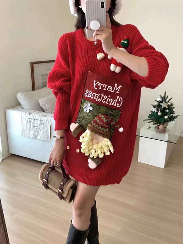 Festive Red Sweater for Women with Santa Claus 3D Decoration Design, Plus Size, Round Neck Top, Trendy