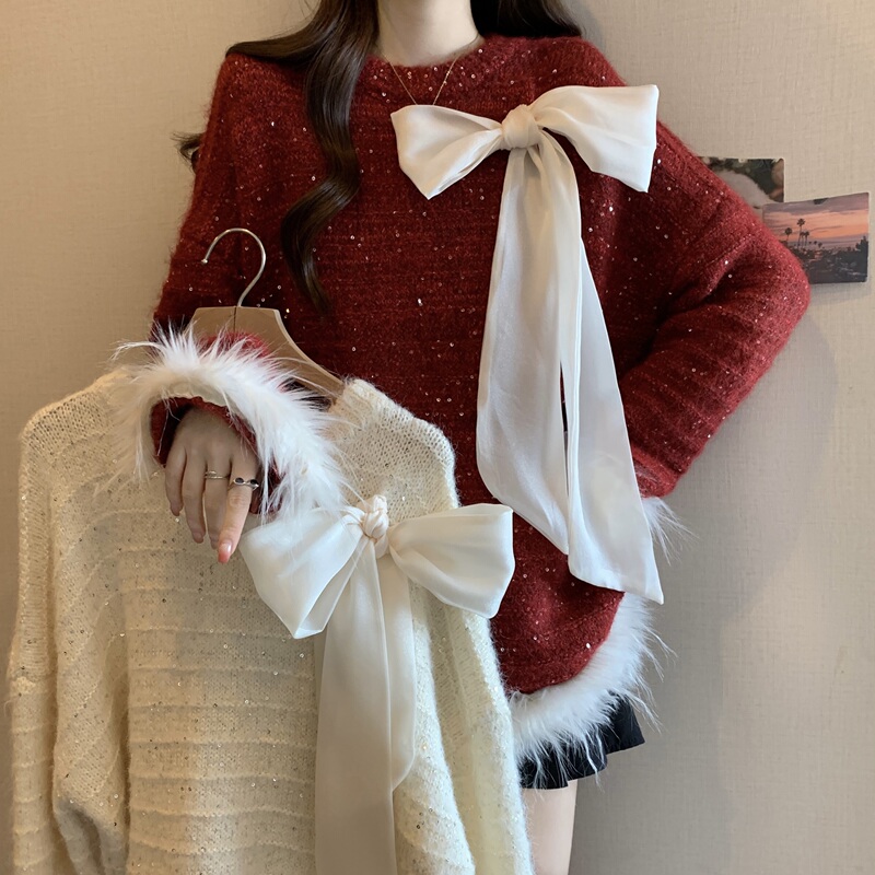 Red Bow Sequin Sweater for Women, New Autumn and Winter Plus Size, Christmas and New Year Atmosphere Knit Top
